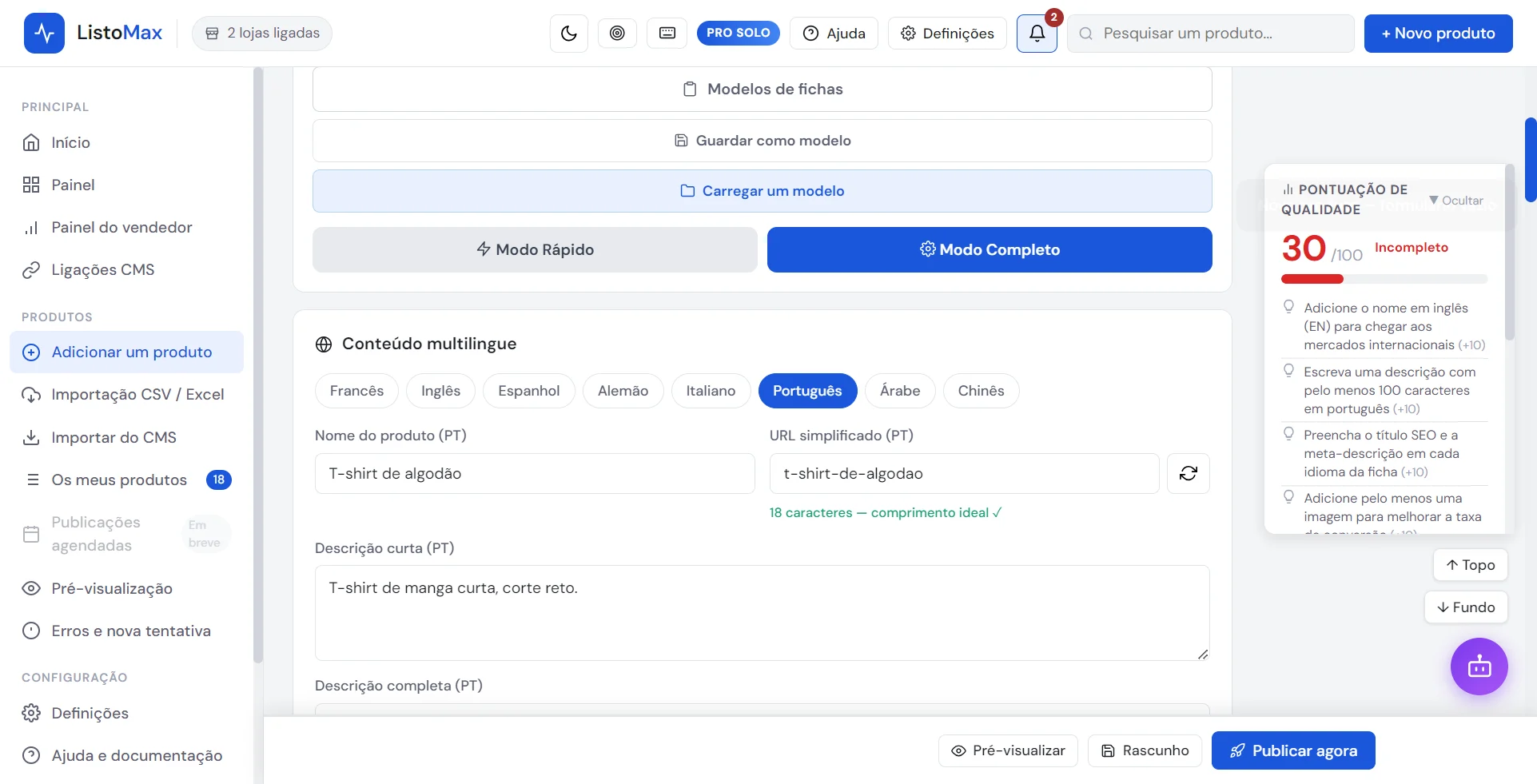 Separadores de idioma do formulário de produto