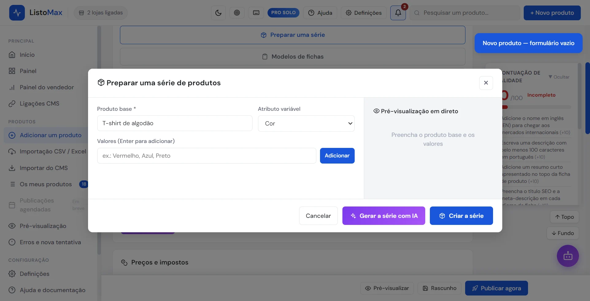 Janela Preparar uma série de produtos