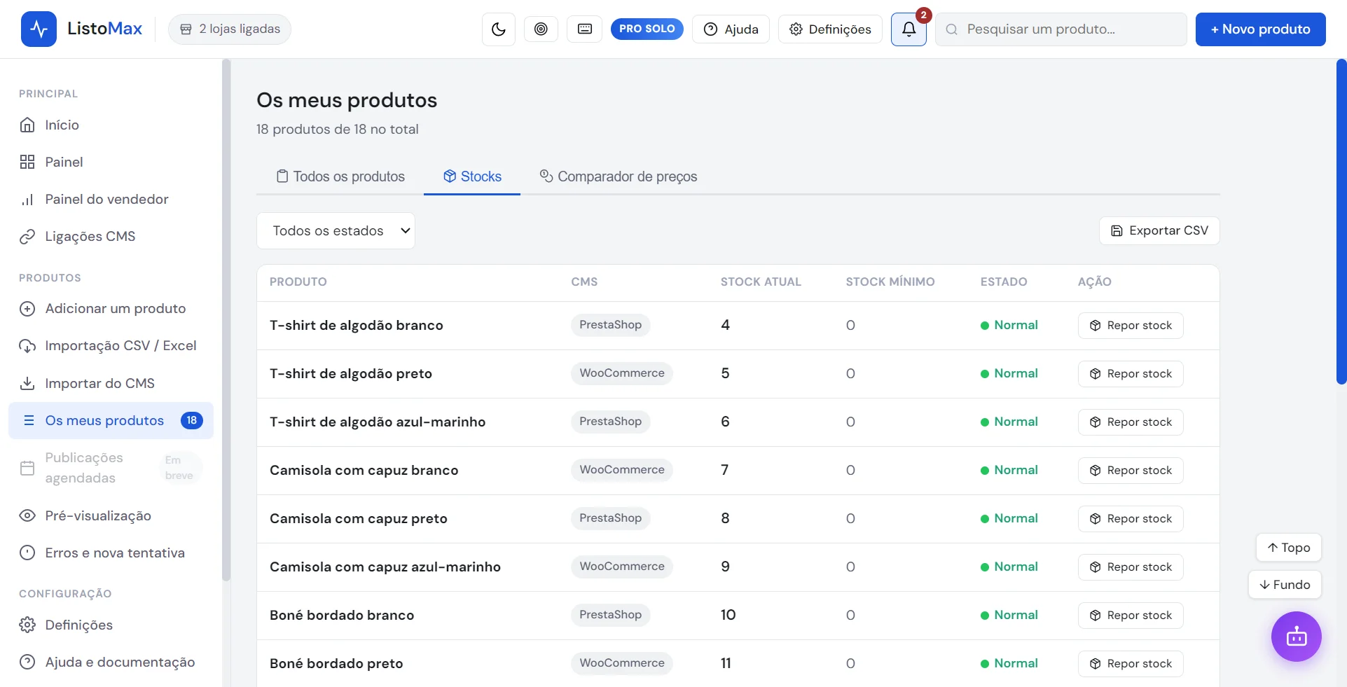 Separador de stock de Os meus produtos